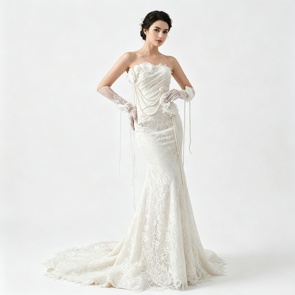 Strapless Mermaid Lace Formal Gown with Floral Appliques and Pearl Chain Details Long Train Evening Dress