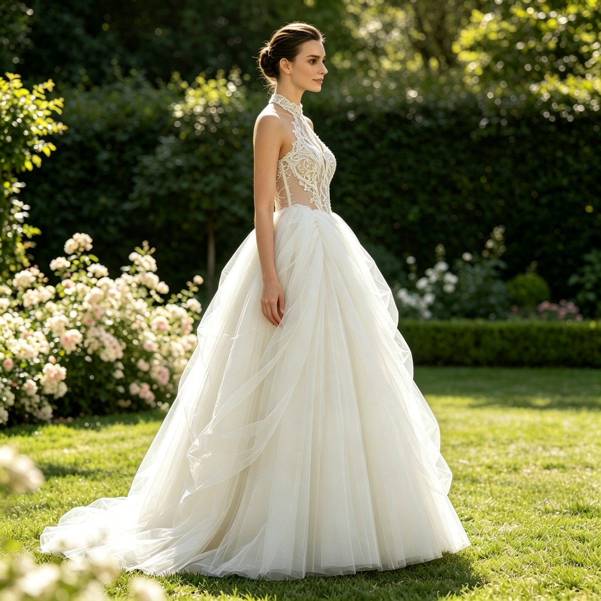 Hand‑stitched Lace Appliques Halter Neck Voluminous Tulle Evening Gown