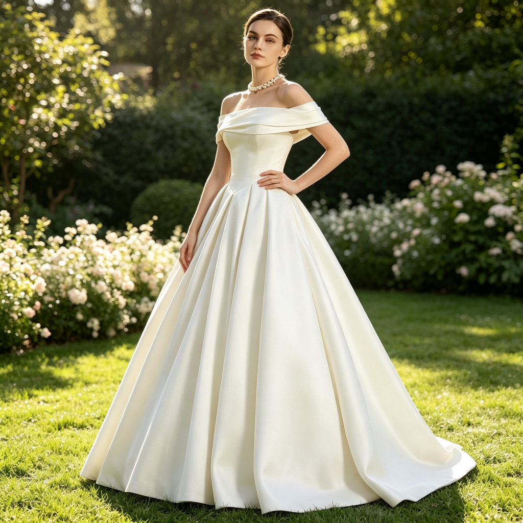 Off‑Shoulder Satin Ball Gown Evening Dress with Train