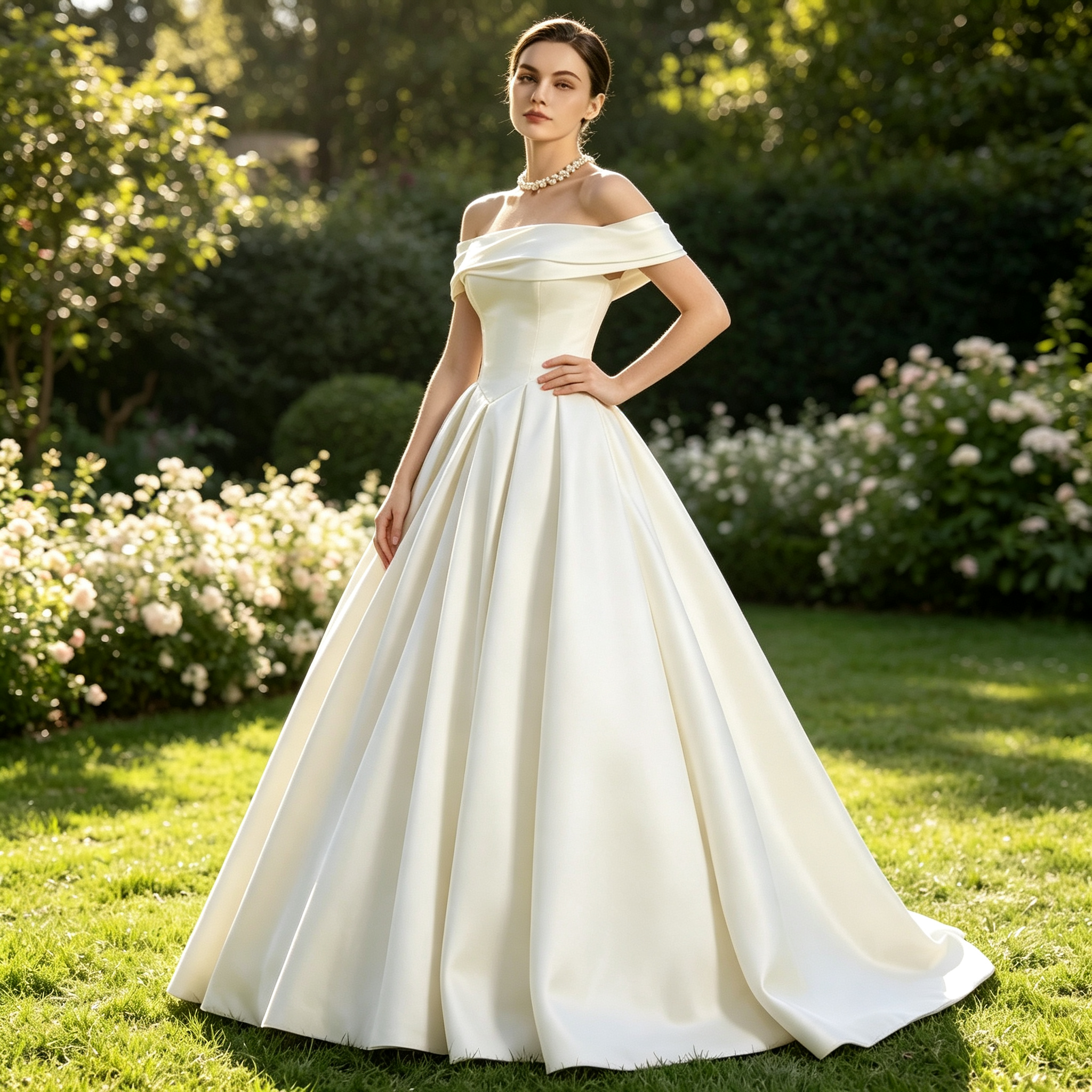 Off‑Shoulder Satin Ball Gown Evening Dress with Train