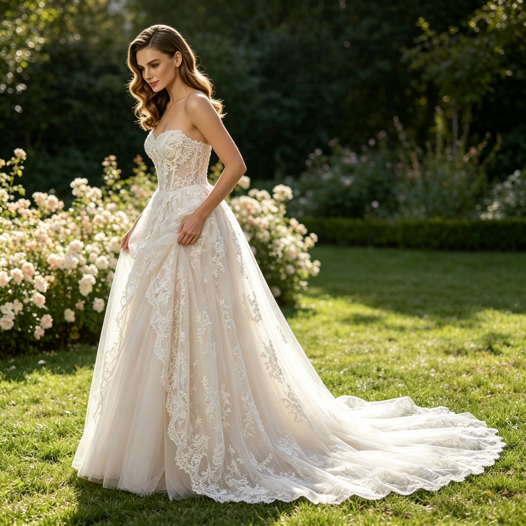 Lace Appliques Strapless A‑line Evening Dress with Short Train