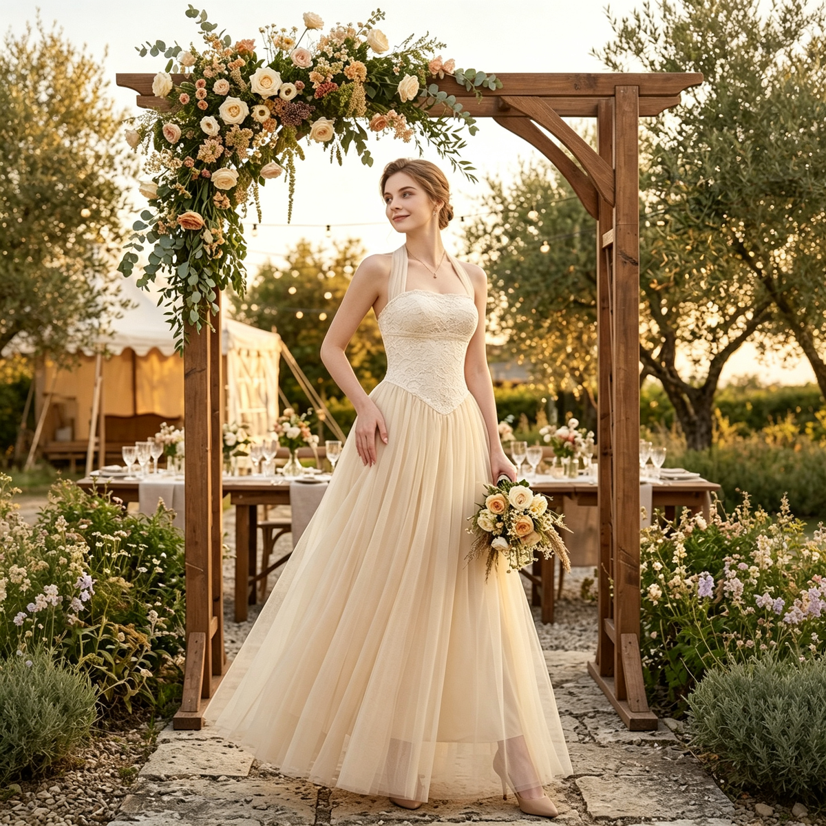Tulle Lace Halter A-Line Formal Evening Gown for Banquet Events