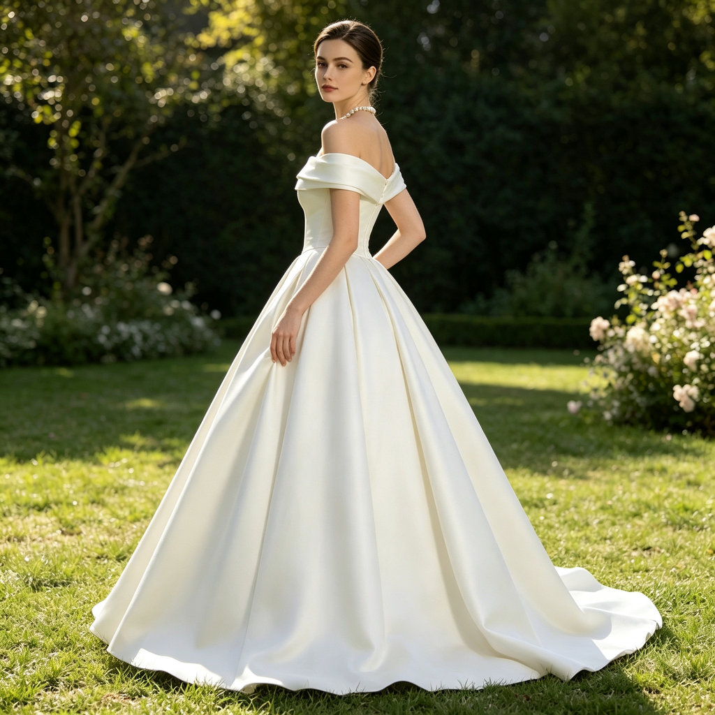 Off‑Shoulder Satin Ball Gown Evening Dress with Train