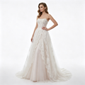 Lace Appliques Strapless A‑line Evening Dress with Short Train