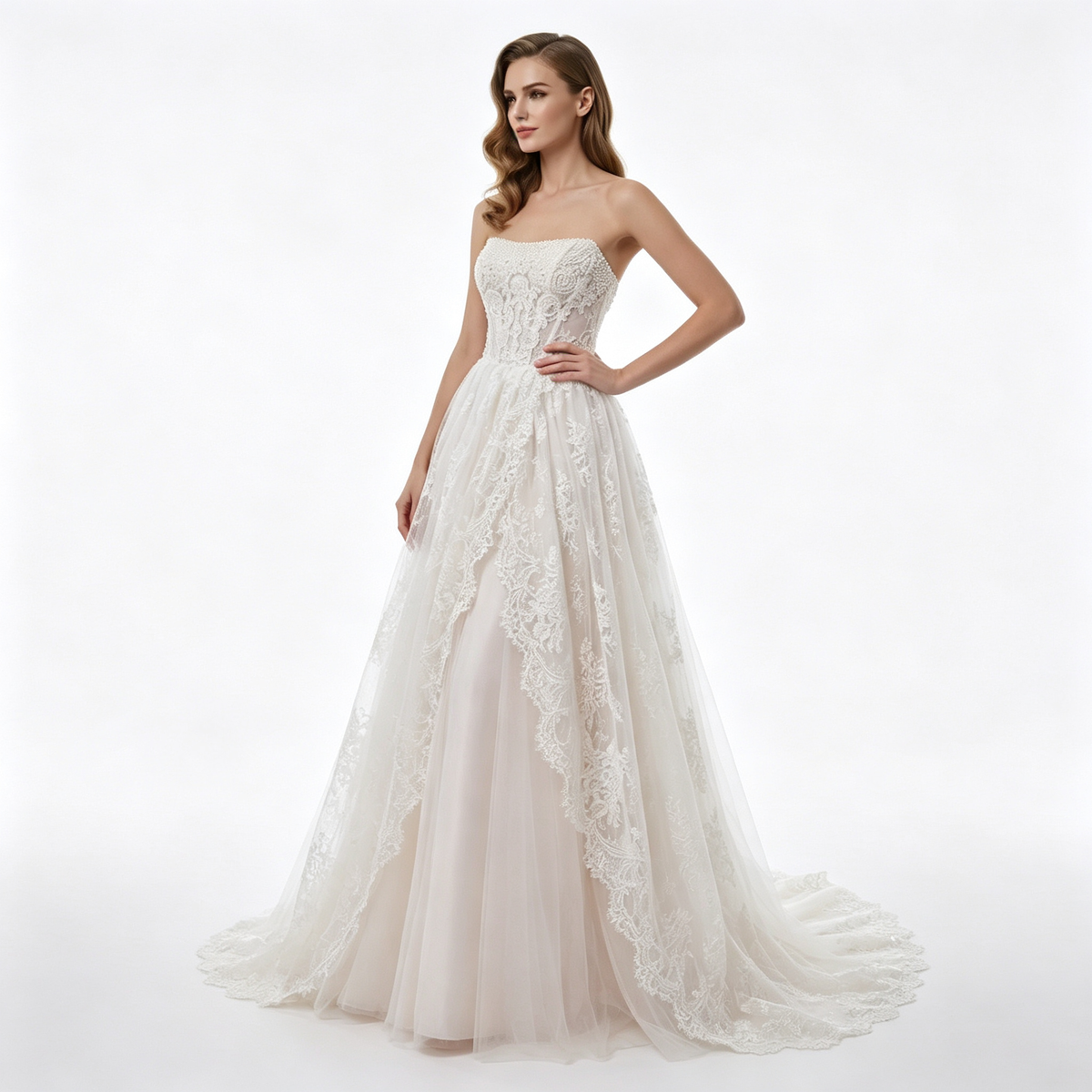 Lace Appliques Strapless A‑line Evening Dress with Short Train