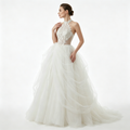 Hand‑stitched Lace Appliques Halter Neck Voluminous Tulle Evening Gown