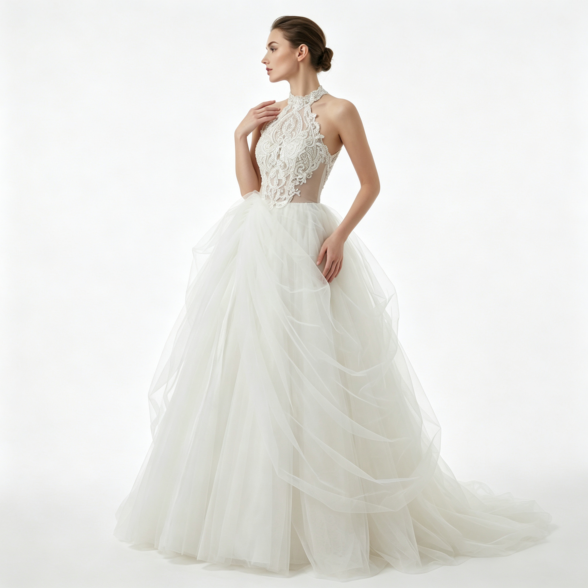 Hand‑stitched Lace Appliques Halter Neck Voluminous Tulle Evening Gown