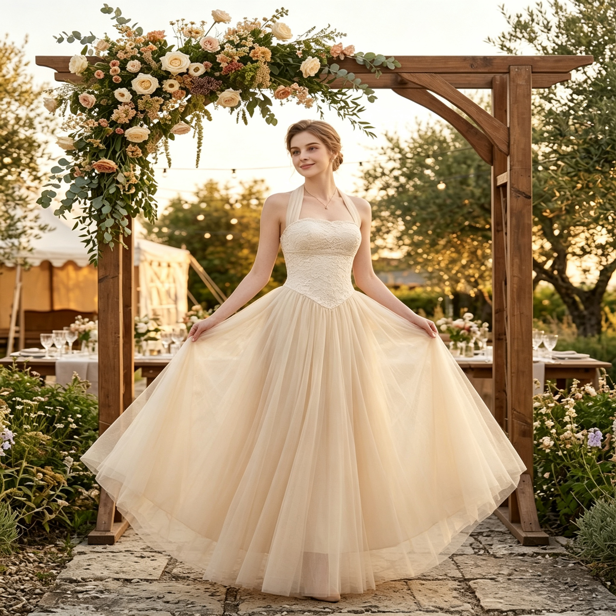 Tulle Lace Halter A-Line Formal Evening Gown for Banquet Events