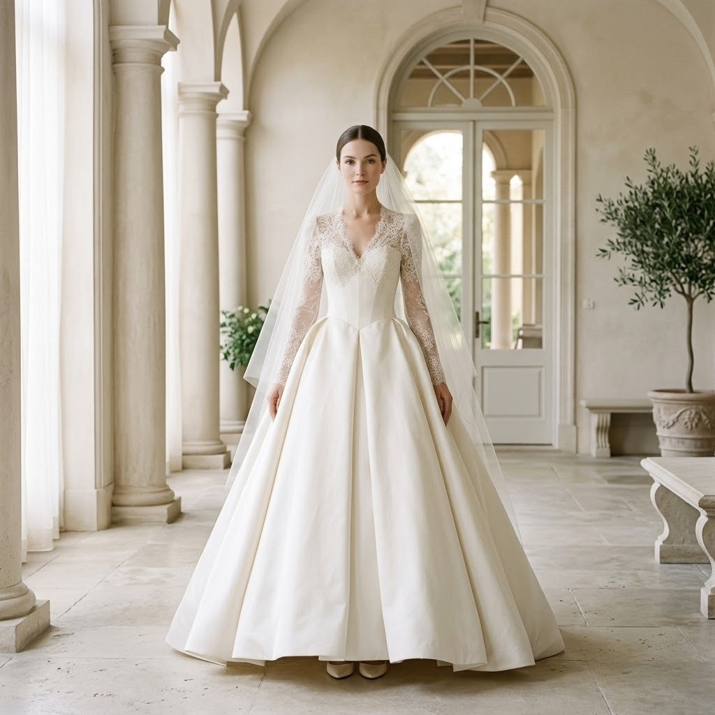 Long Sleeve V Neck Lace A-line Floor Length Formal Evening Dress with Sheer Tulle Veil