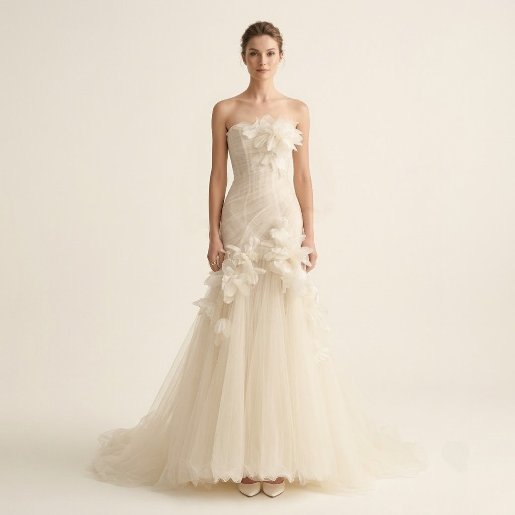 Strapless 3D Floral Mermaid Tulle Floor Length Formal Evening Gown with Train