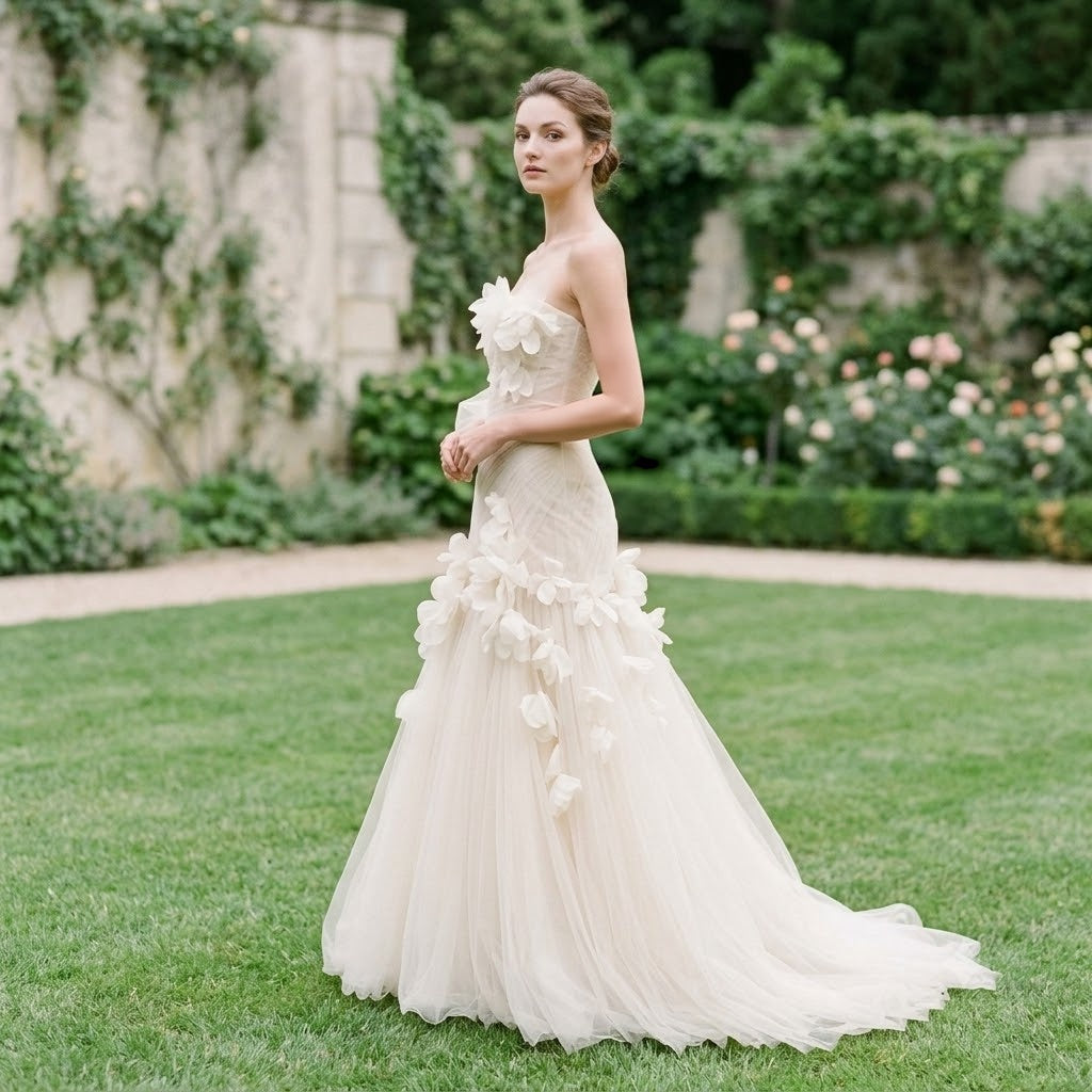 Strapless 3D Floral Mermaid Tulle Floor Length Formal Evening Gown with Train