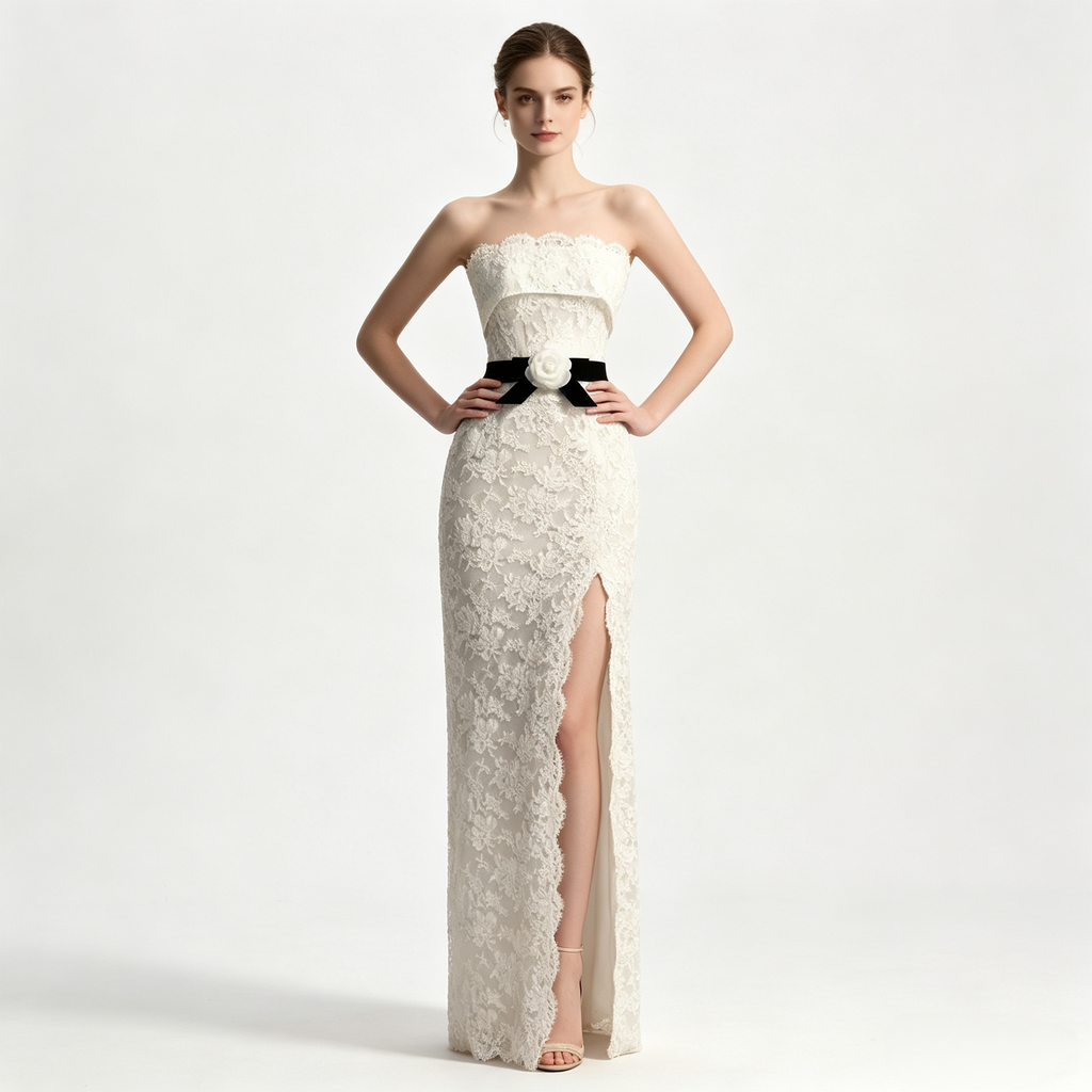 Strapless Lace Mermaid Evening Dress with High Slit & Black Waist Sash