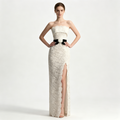 Strapless Lace Mermaid Evening Dress with High Slit & Black Waist Sash