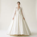Long Sleeve V Neck Lace A-line Floor Length Formal Evening Dress with Sheer Tulle Veil