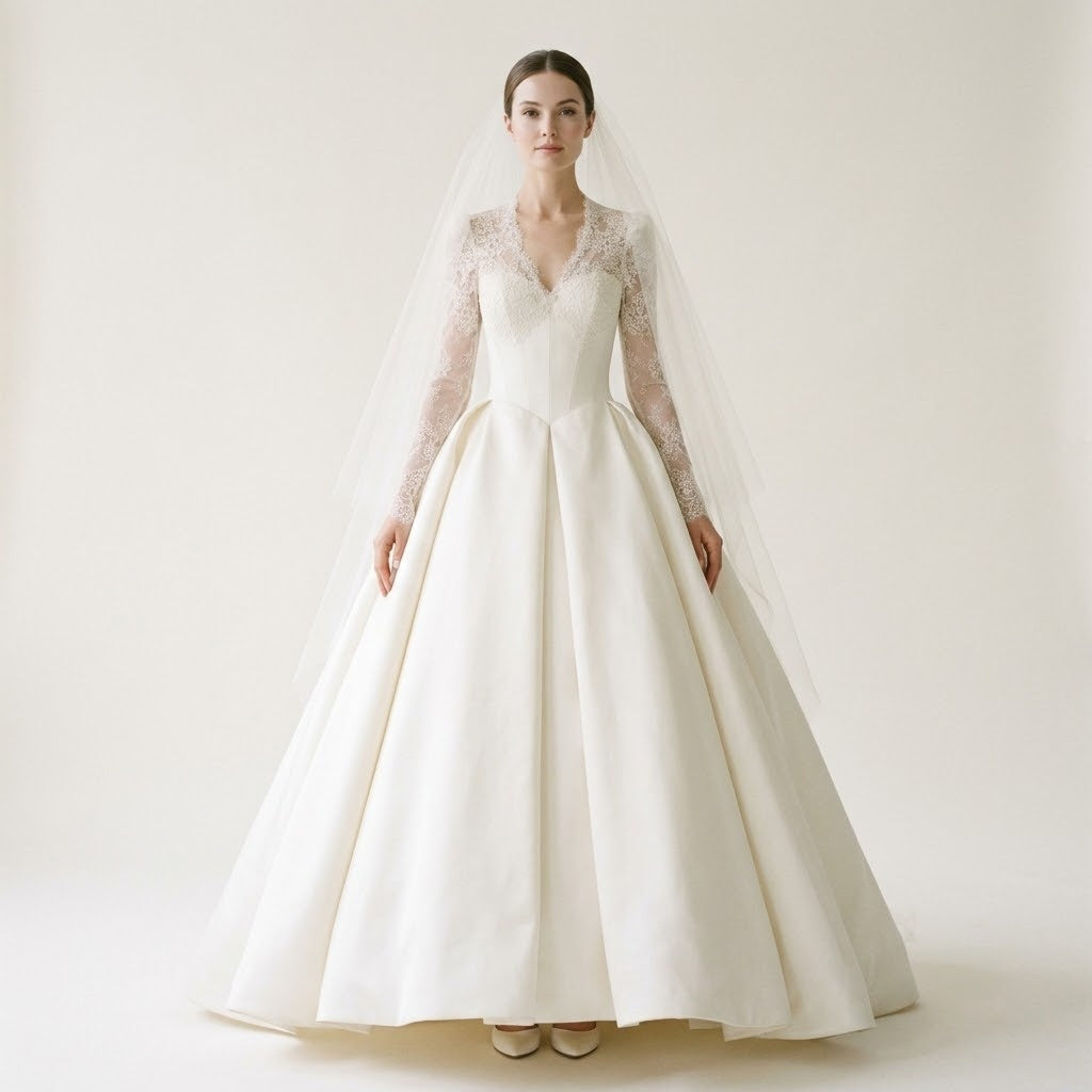 Long Sleeve V Neck Lace A-line Floor Length Formal Evening Dress with Sheer Tulle Veil