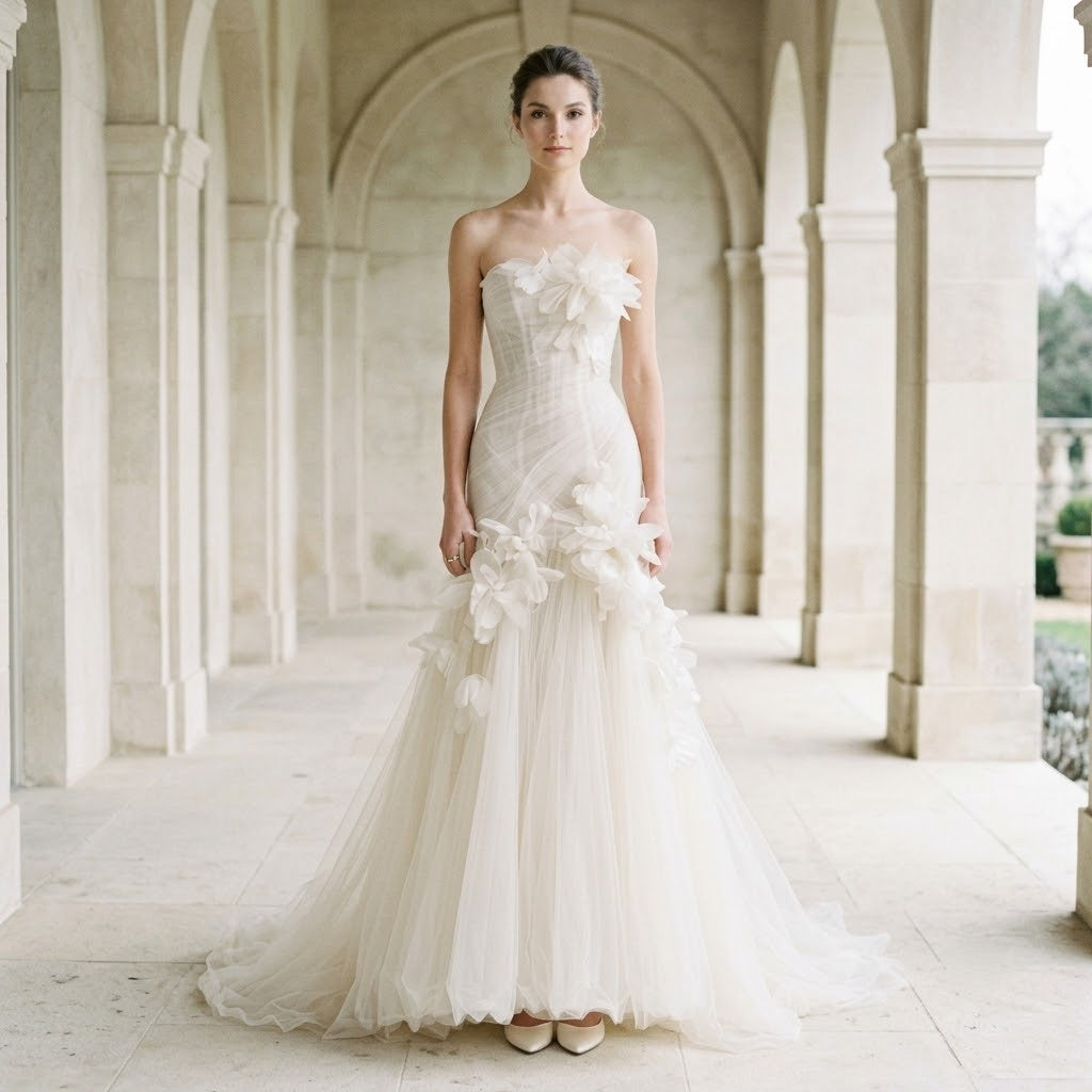 Strapless 3D Floral Mermaid Tulle Floor Length Formal Evening Gown with Train