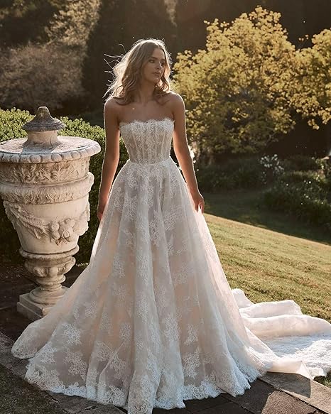Lace Appliques Off Shoulder Ball Gown Wedding Dress with Train