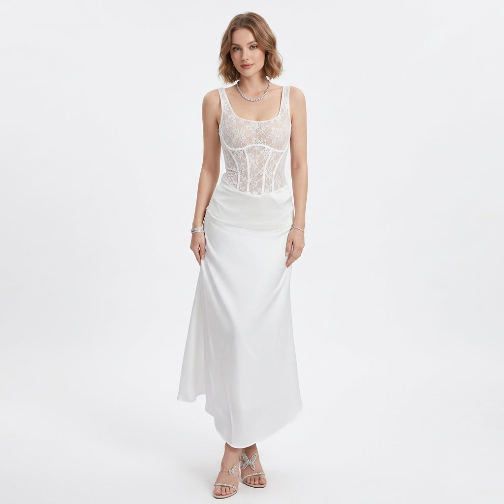 Lace Corset Satin Maxi Formal Evening Gown for Banquet Events