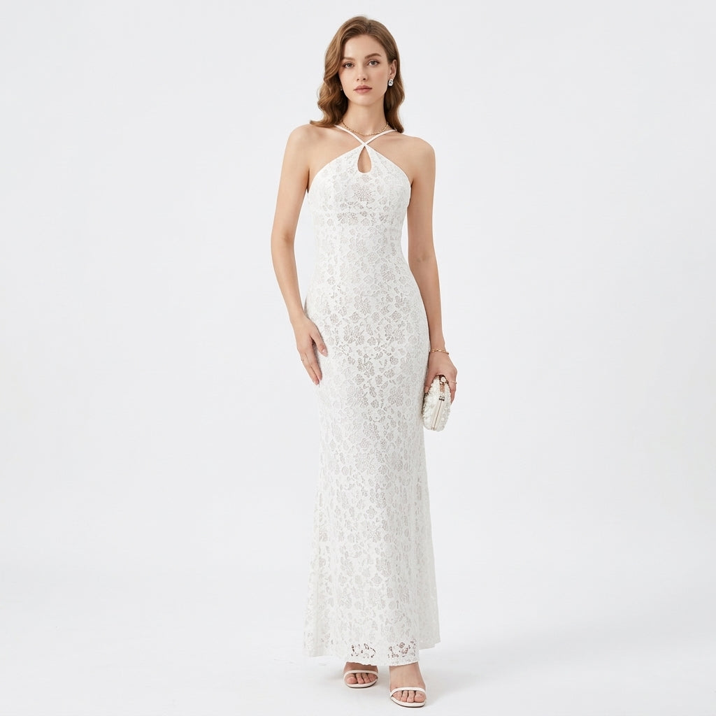 Floral Lace Halter Keyhole Maxi Formal Evening Gown for Banquet Events