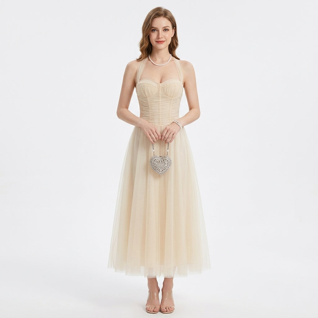 Tulle Halter Corset A-Line Formal Evening Gown for Banquet Events