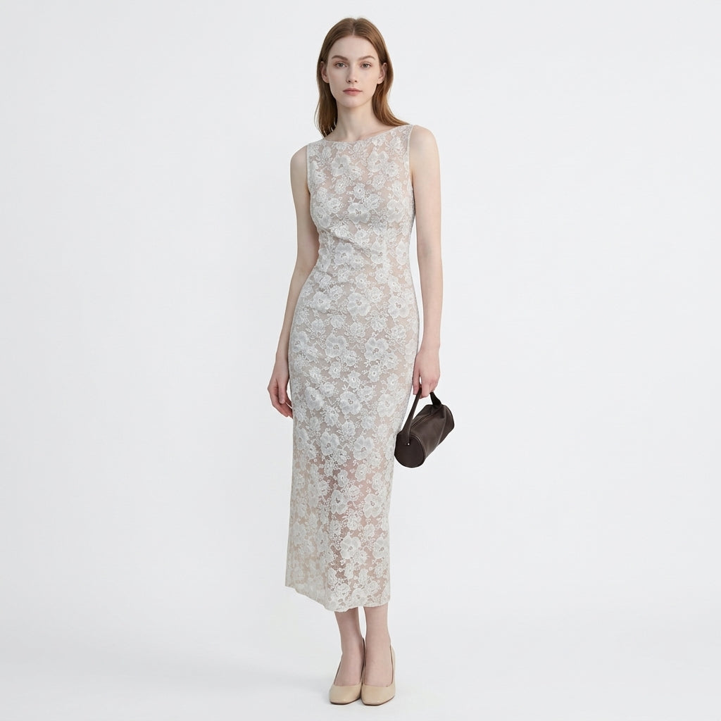Sleeveless Boat Neck Lace Maxi Evening Dress for Formal Events