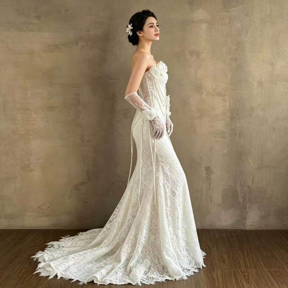 Strapless Mermaid Lace Formal Gown with Floral Appliques and Pearl Chain Details Long Train Evening Dress