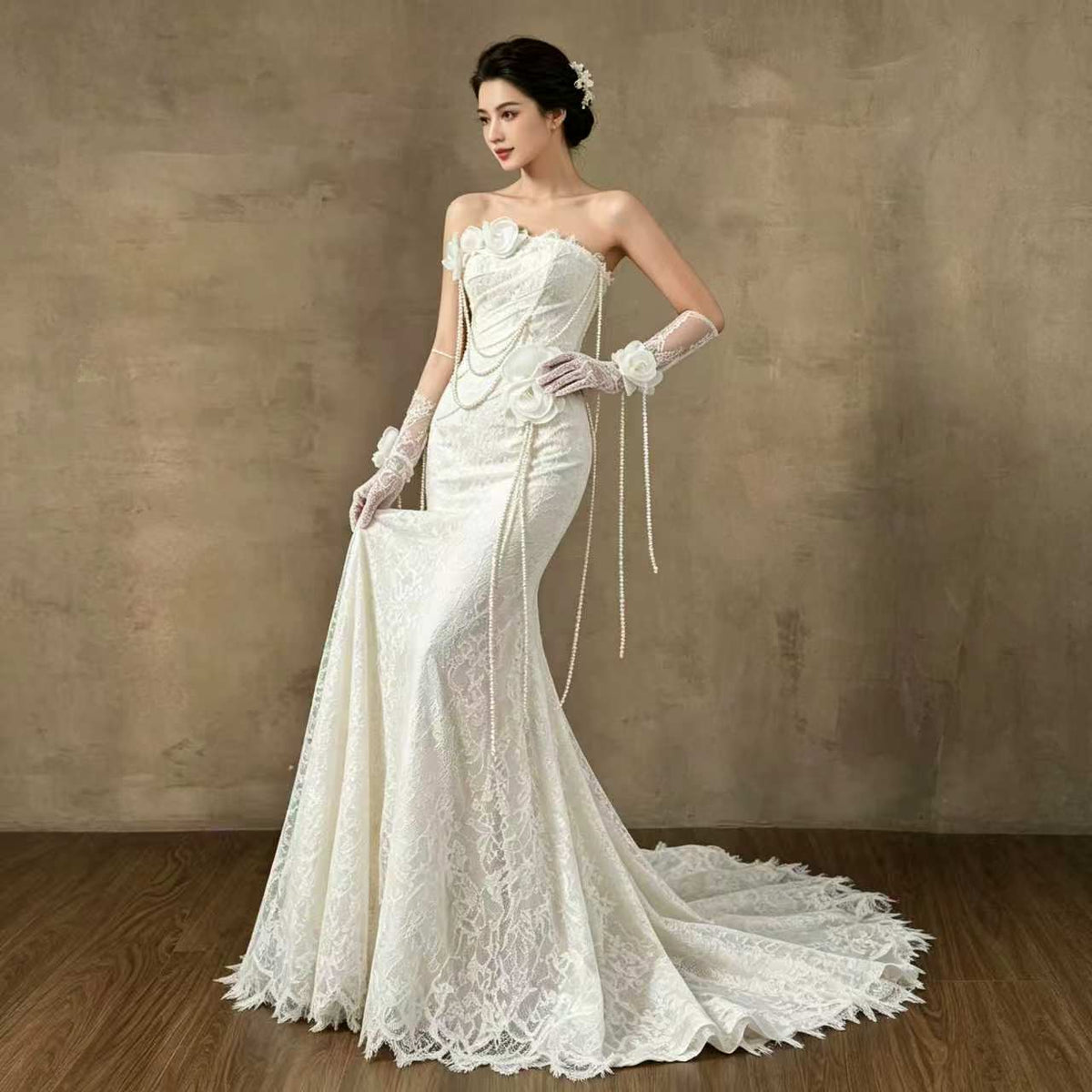 Strapless Mermaid Lace Formal Gown with Floral Appliques and Pearl Chain Details Long Train Evening Dress