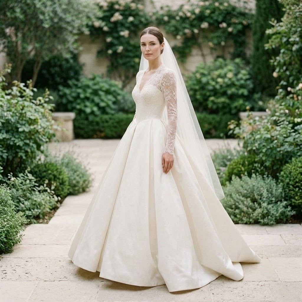 Long Sleeve V Neck Lace A-line Floor Length Formal Evening Dress with Sheer Tulle Veil