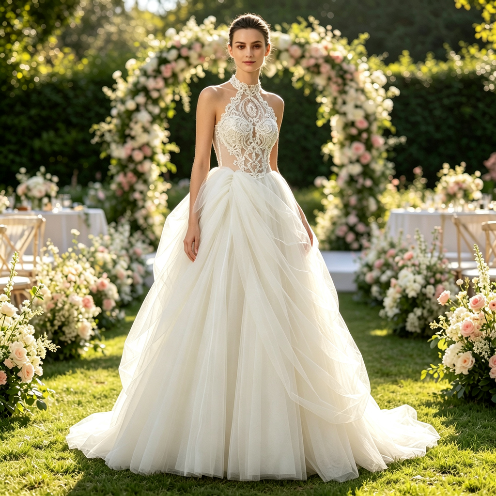 Hand‑stitched Lace Appliques Halter Neck Voluminous Tulle Evening Gown