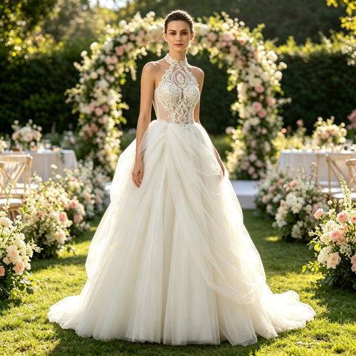 Hand‑stitched Lace Appliques Halter Neck Voluminous Tulle Evening Gown