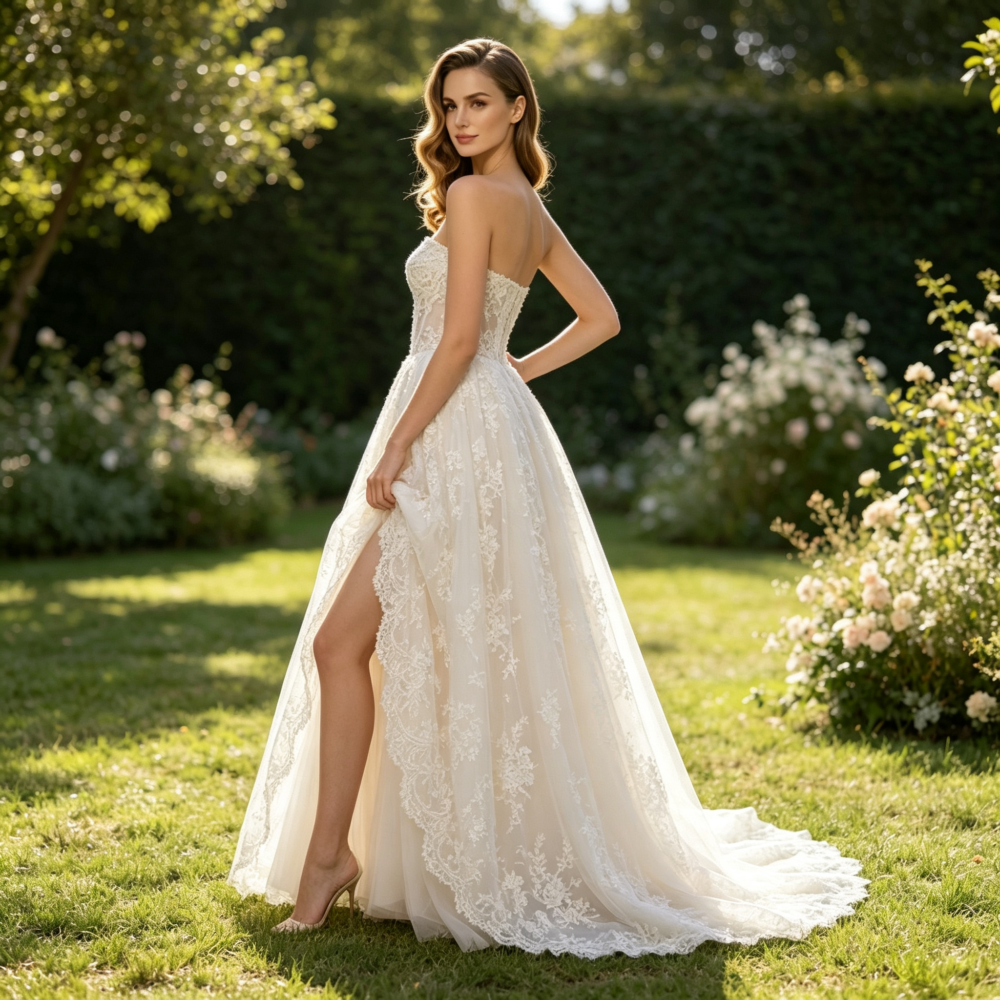 Lace Appliques Strapless A‑line Evening Dress with Short Train