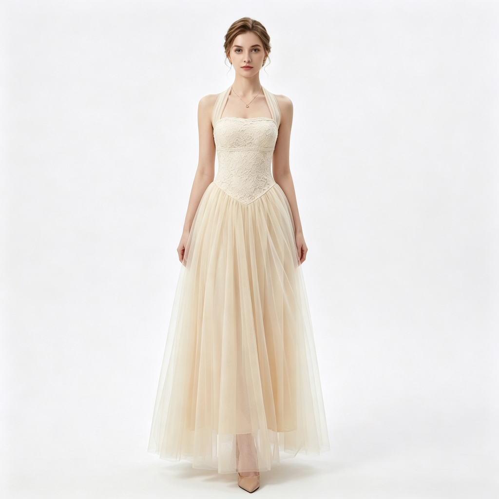 Tulle Lace Halter A-Line Formal Evening Gown for Banquet Events