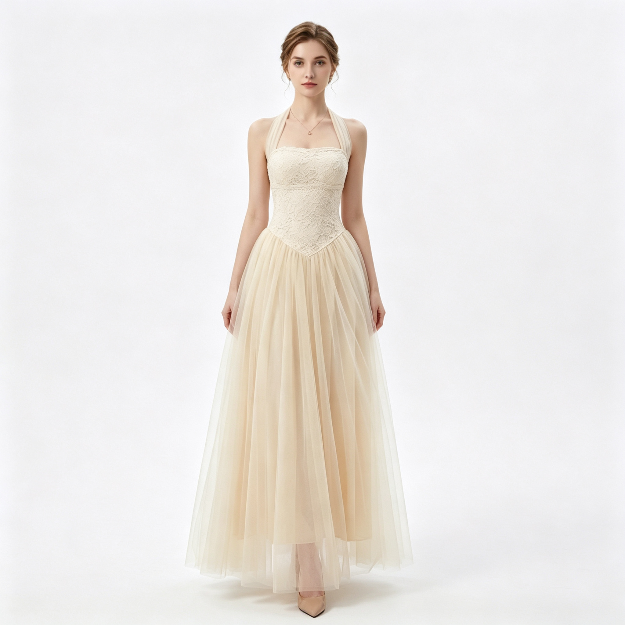 Tulle Lace Halter A-Line Formal Evening Gown for Banquet Events