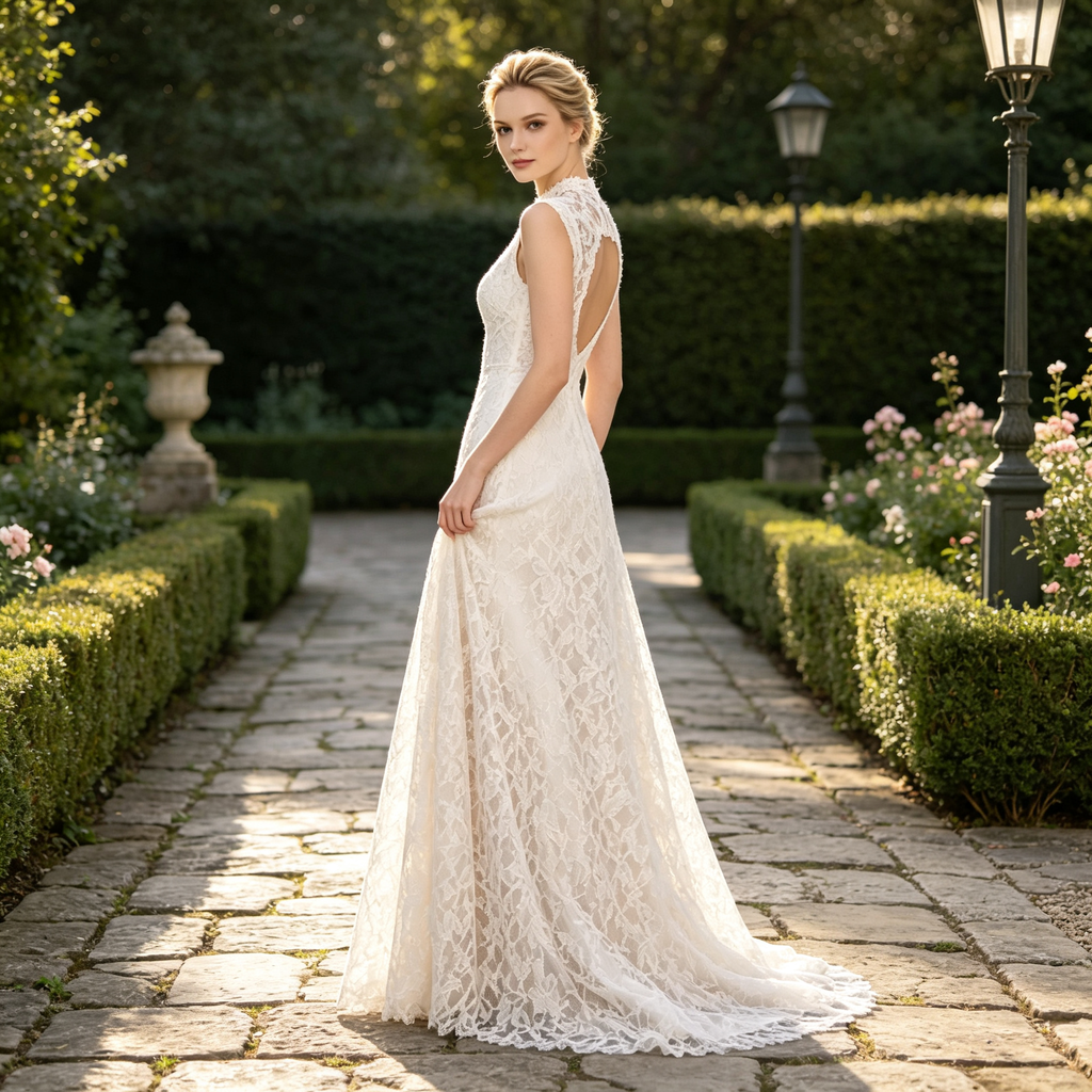 High-Neck Illusion Lace Sleeveless A-Line Evening Gown with Long Skirt