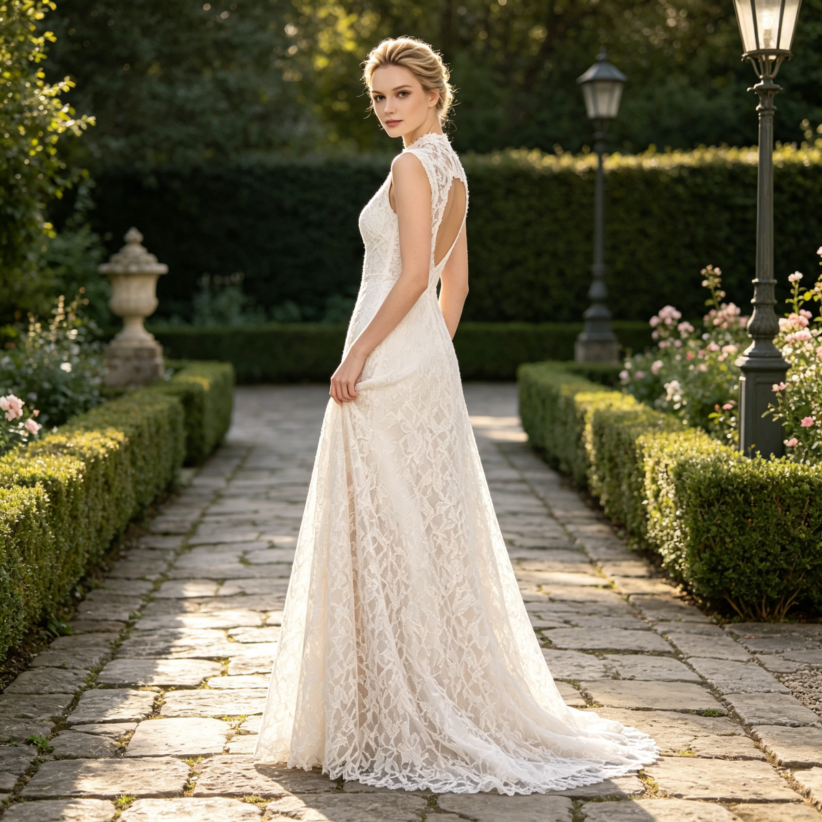 High-Neck Illusion Lace Sleeveless A-Line Evening Gown with Long Skirt