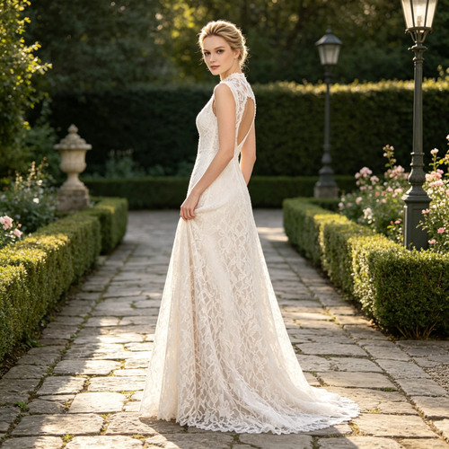 High-Neck Illusion Lace Sleeveless A-Line Evening Gown with Long Skirt