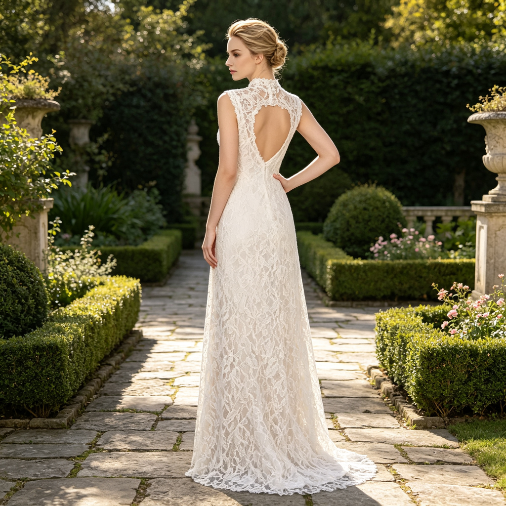 High-Neck Illusion Lace Sleeveless A-Line Evening Gown with Long Skirt