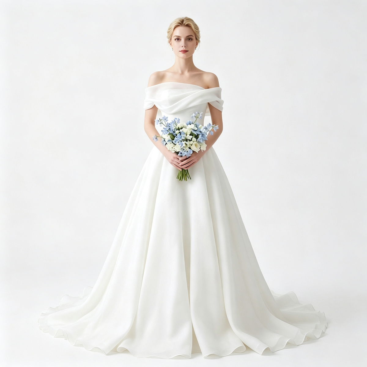 Off‑the‑Shoulder A‑Line Wedding Dress with Chapel Train