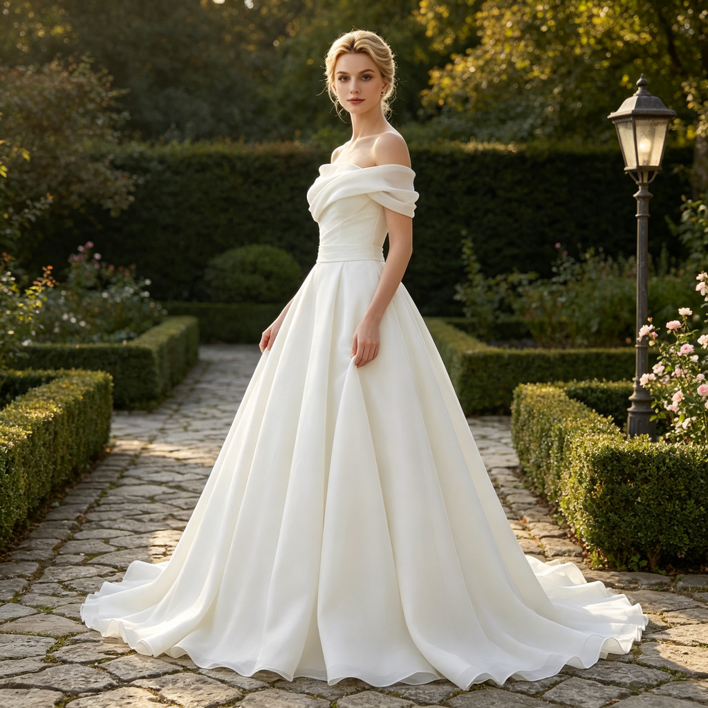 Off‑the‑Shoulder A‑Line Wedding Dress with Chapel Train
