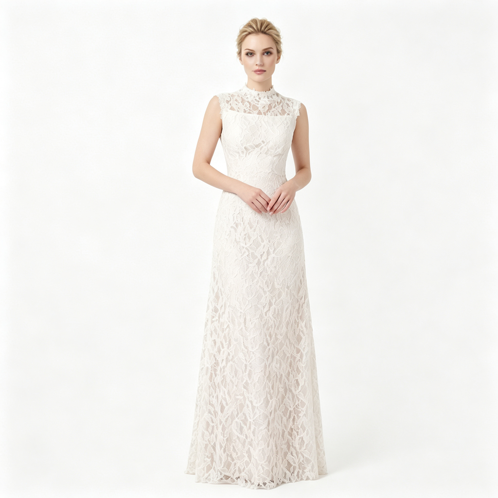High-Neck Illusion Lace Sleeveless A-Line Evening Gown with Long Skirt