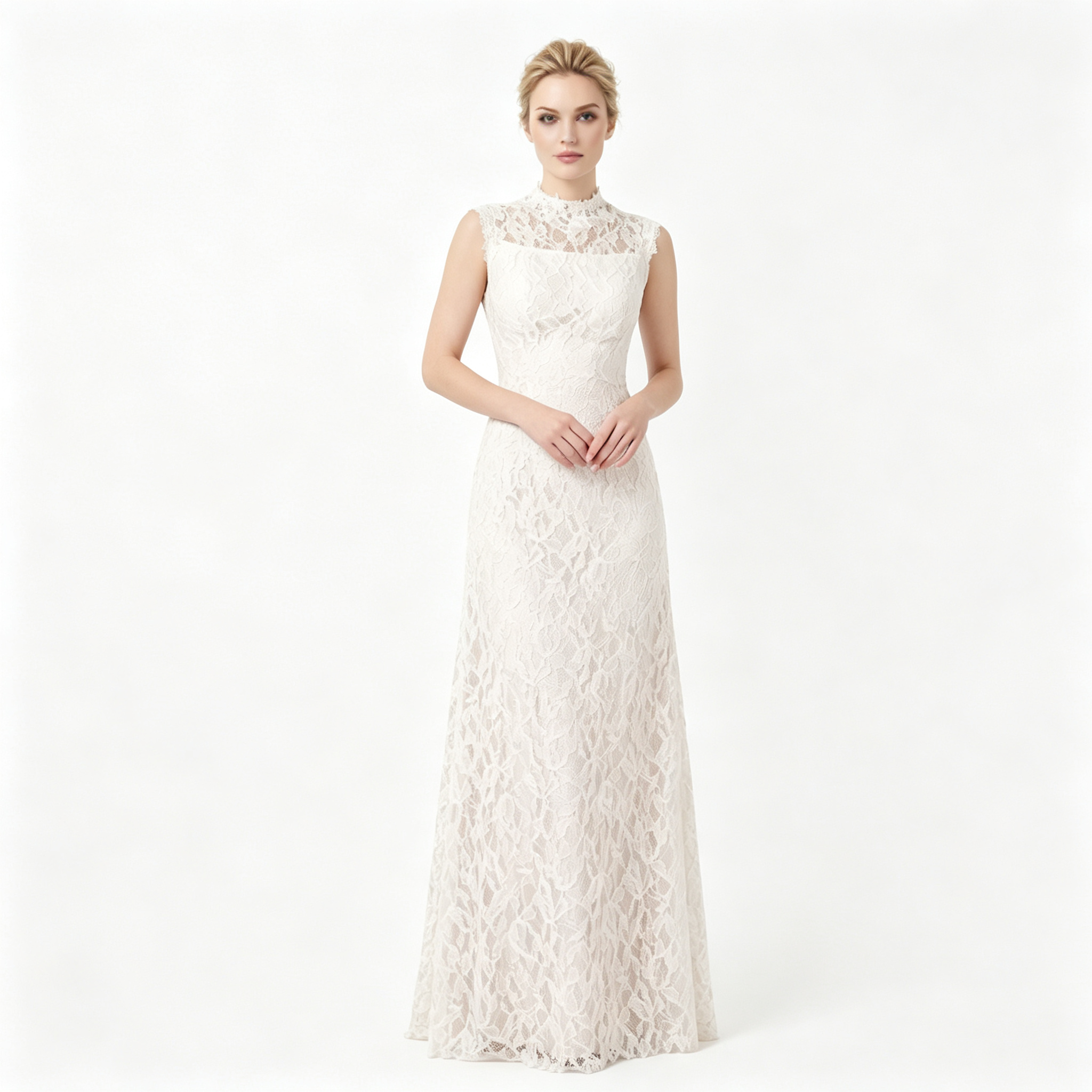 High-Neck Illusion Lace Sleeveless A-Line Evening Gown with Long Skirt