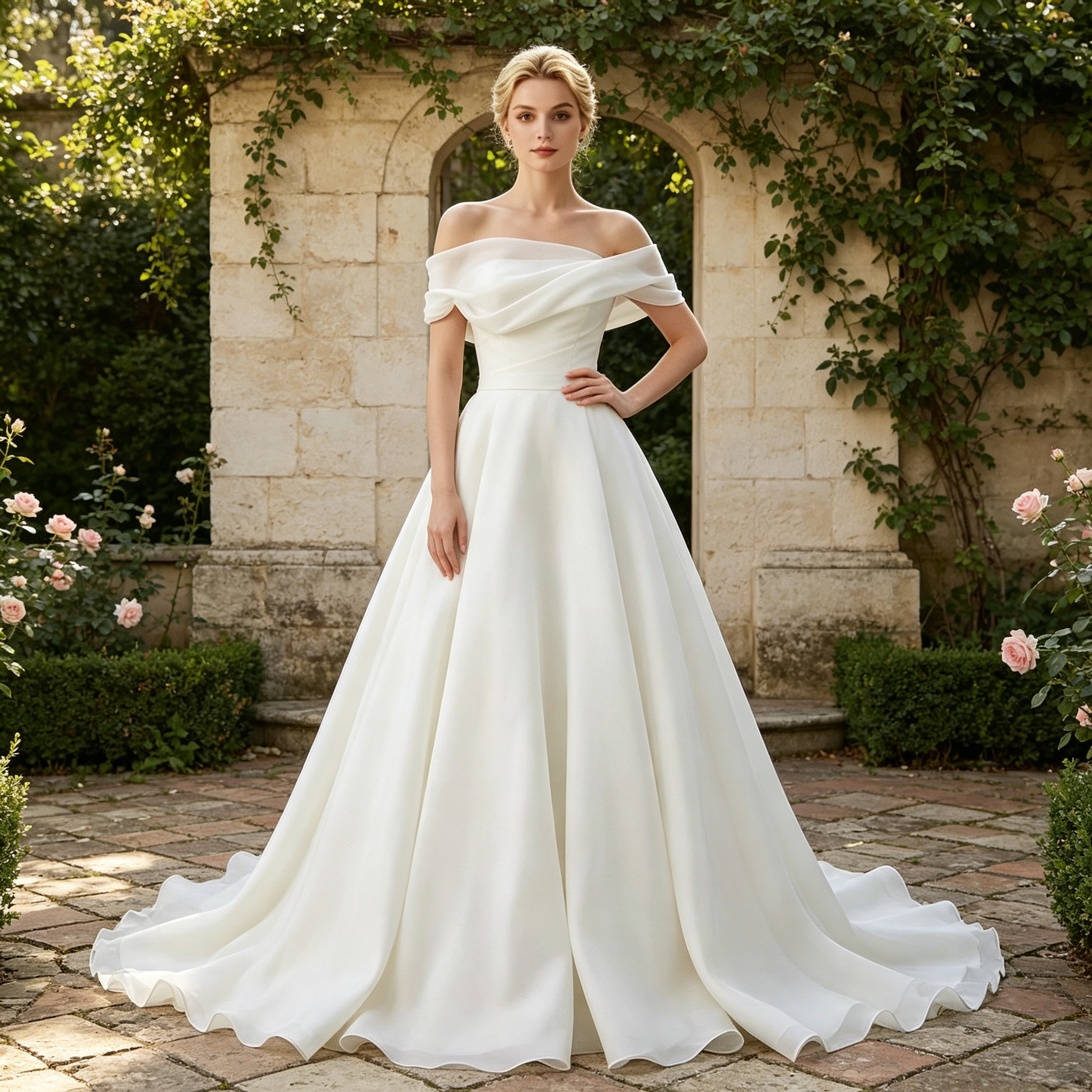 Off‑the‑Shoulder A‑Line Wedding Dress with Chapel Train